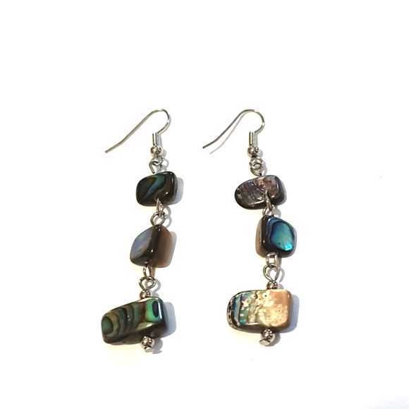 VINTAGE TRIPLE SQUARE RAINBOW ABALONE SHELL DANGLE DROP HOOK 2.5" EARRINGS - Picture 9 of 10